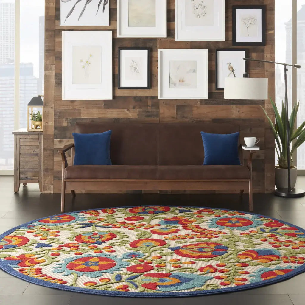8' Round Green And Ivory Round Floral Indoor Outdoor Area Rug - Homeroots - Flyclothing LLC