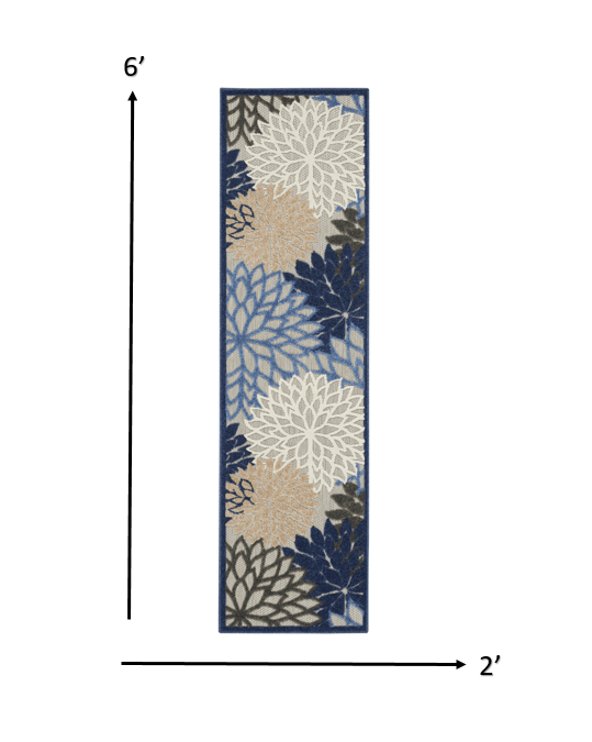2' X 6' Blue And Gray Floral Indoor Outdoor Area Rug - Homeroots