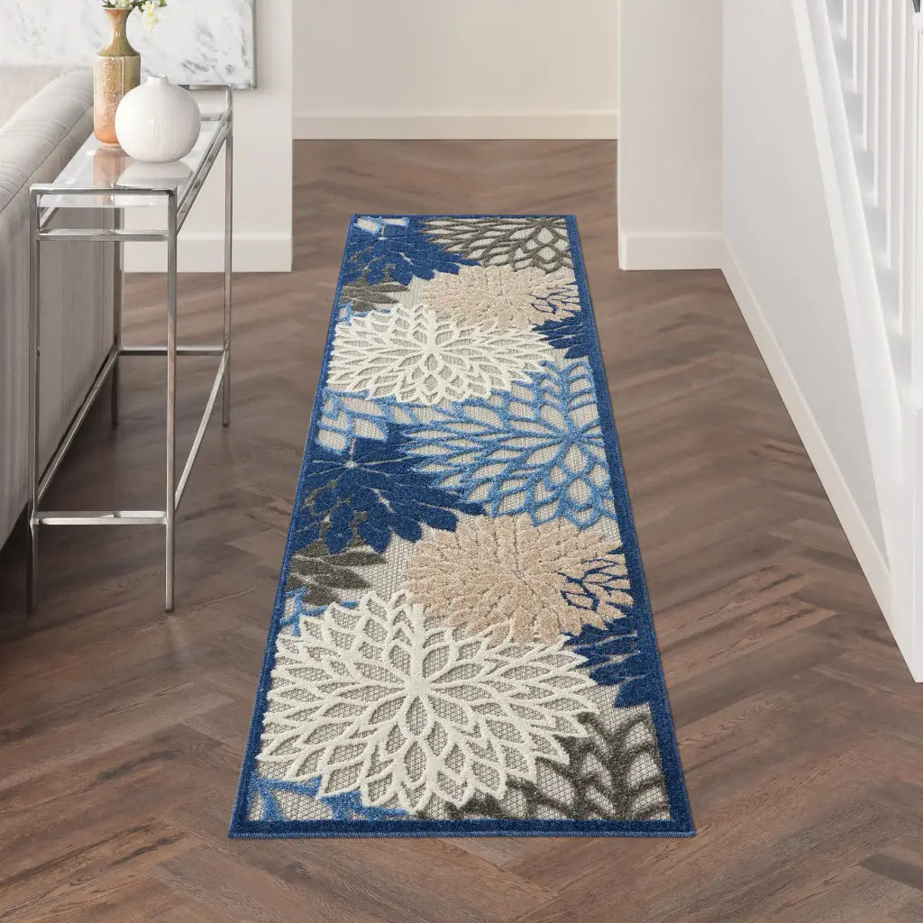 2' X 12' Blue Large Floral Indoor Outdoor Runner Rug - Homeroots - Flyclothing LLC