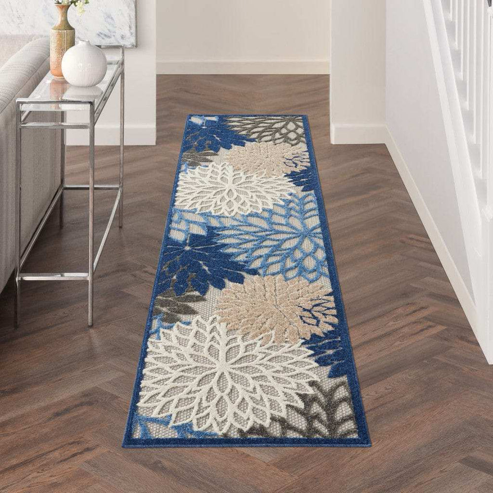 2' X 12' Blue Large Floral Indoor Outdoor Runner Rug - Homeroots - Flyclothing LLC