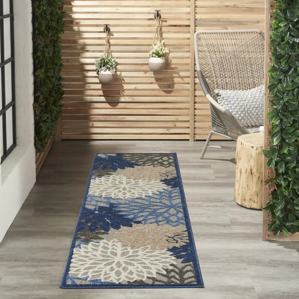 2' X 12' Blue Large Floral Indoor Outdoor Runner Rug - Homeroots - Flyclothing LLC