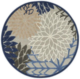 4' Round Blue And Gray Round Floral Indoor Outdoor Area Rug - Homeroots