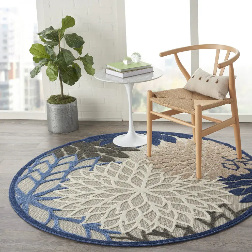 4' Round Blue And Gray Round Floral Indoor Outdoor Area Rug - Homeroots - Flyclothing LLC
