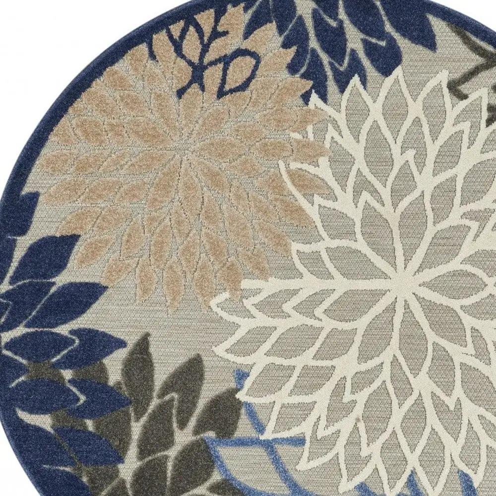 4' Round Blue And Gray Round Floral Indoor Outdoor Area Rug - Homeroots