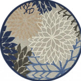 4' Round Blue And Gray Round Floral Indoor Outdoor Area Rug - Homeroots