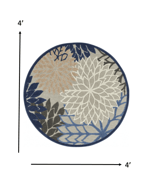 4' Round Blue And Gray Round Floral Indoor Outdoor Area Rug - Homeroots - Flyclothing LLC