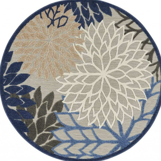 5' Round Blue And Gray Round Floral Indoor Outdoor Area Rug - Homeroots - Flyclothing LLC