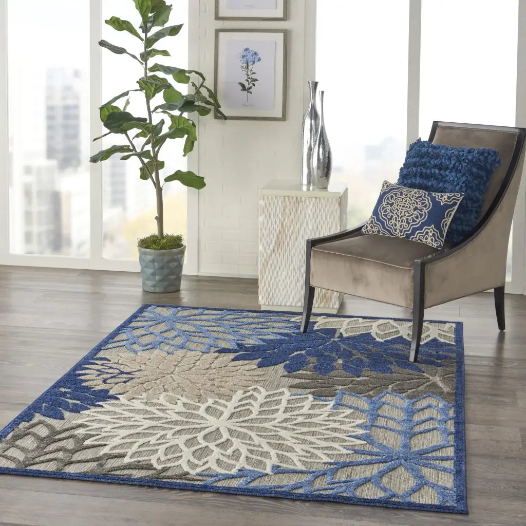 6' X 9' Blue And Gray Floral Indoor Outdoor Area Rug - Homeroots - Flyclothing LLC
