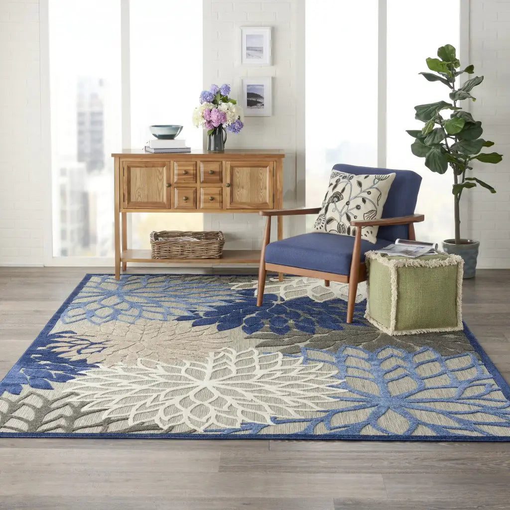 8' X 11' Blue And Gray Floral Indoor Outdoor Area Rug - Homeroots - Flyclothing LLC