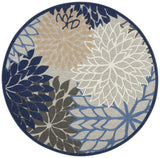8' Round Blue And Gray Round Floral Indoor Outdoor Area Rug - Homeroots