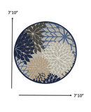 8' Round Blue And Gray Round Floral Indoor Outdoor Area Rug - Homeroots