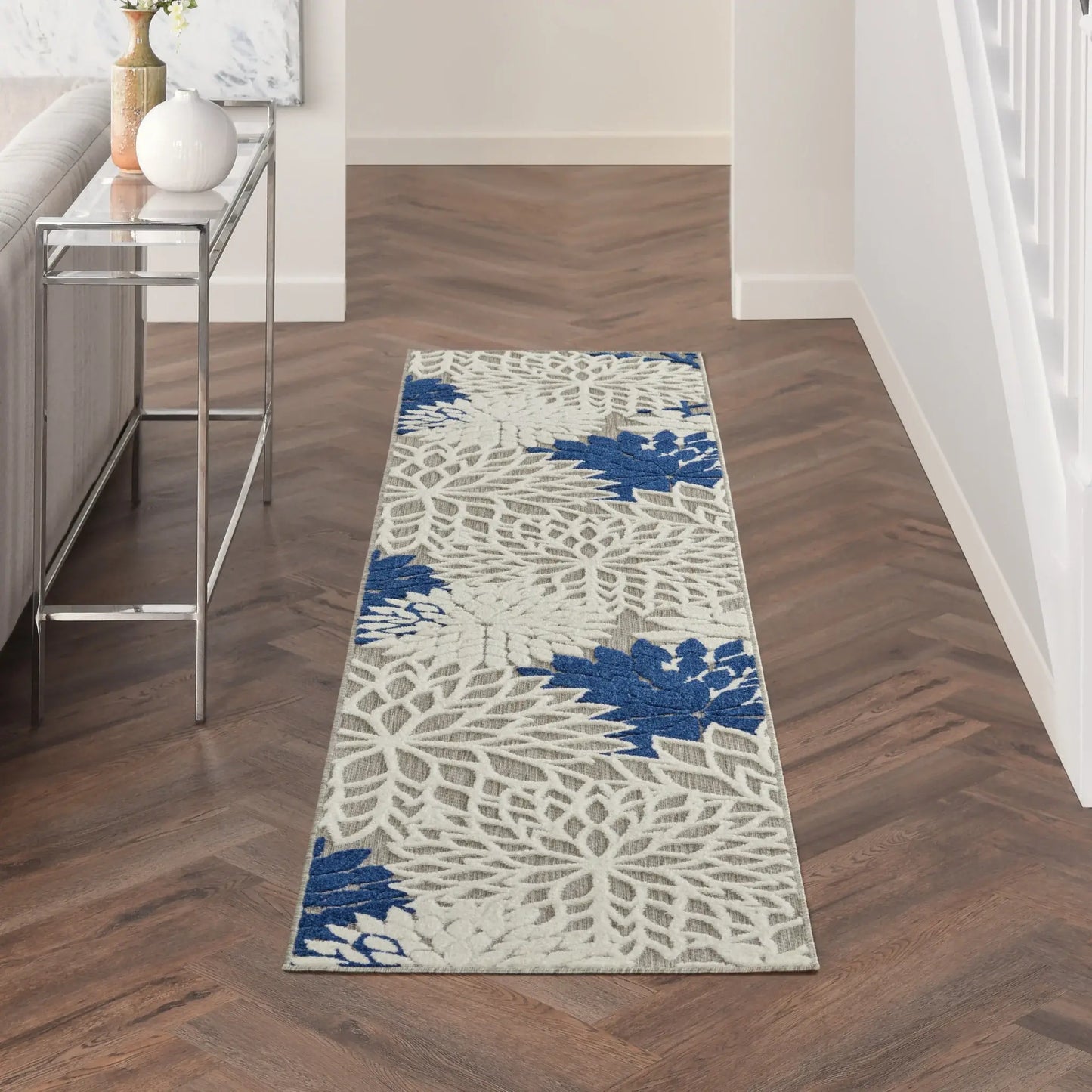 2' X 6' Ivory and Blue Floral Handmade Indoor Outdoor Runner Rug - Homeroots - Flyclothing LLC
