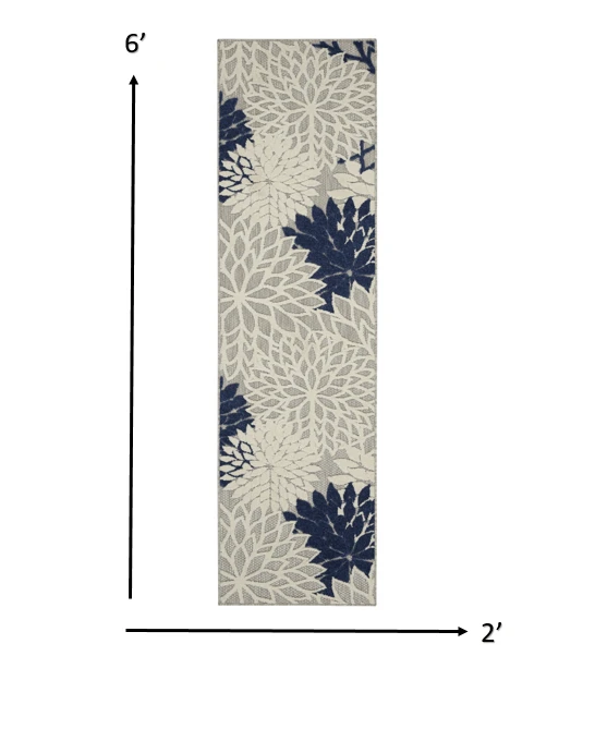 2' X 6' Ivory and Blue Floral Handmade Indoor Outdoor Runner Rug - Homeroots