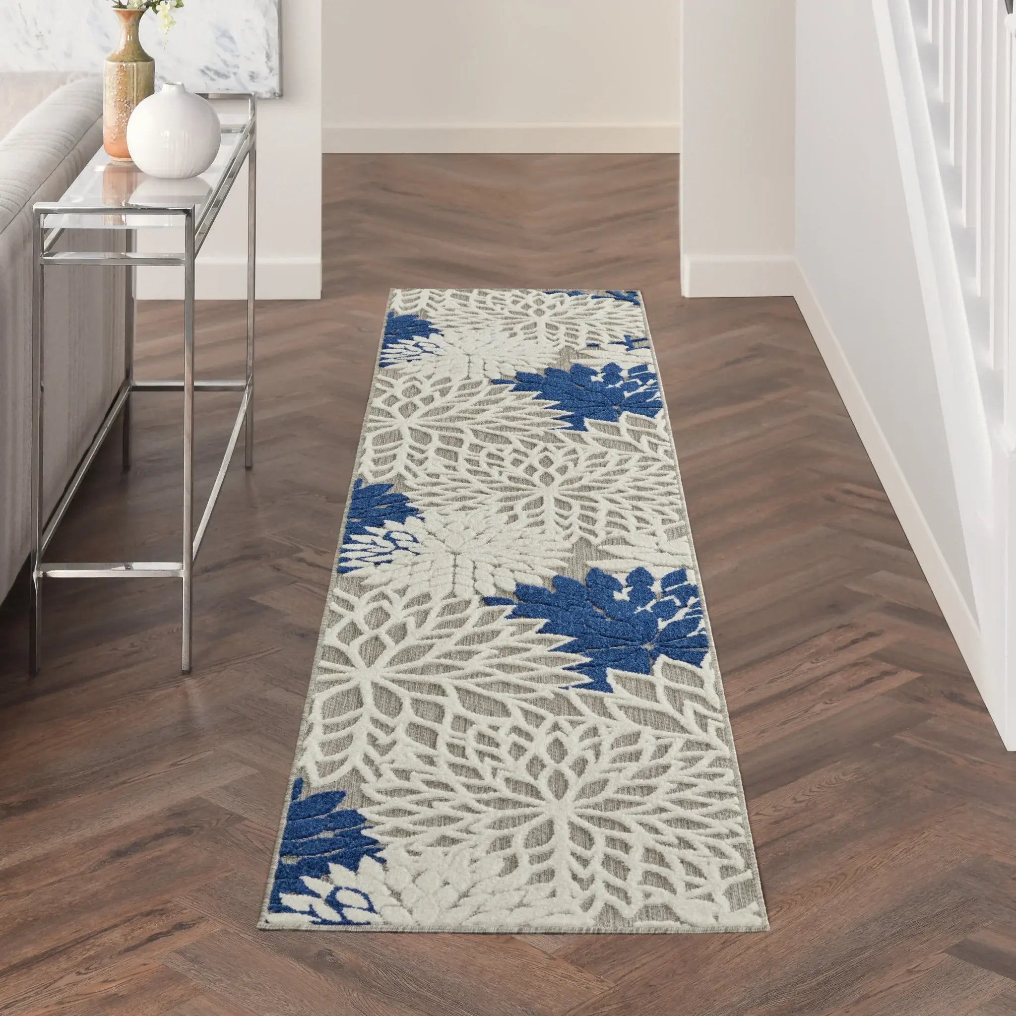 2' X 10' Ivory And Blue Floral Indoor Outdoor Area Rug - Homeroots - Flyclothing LLC