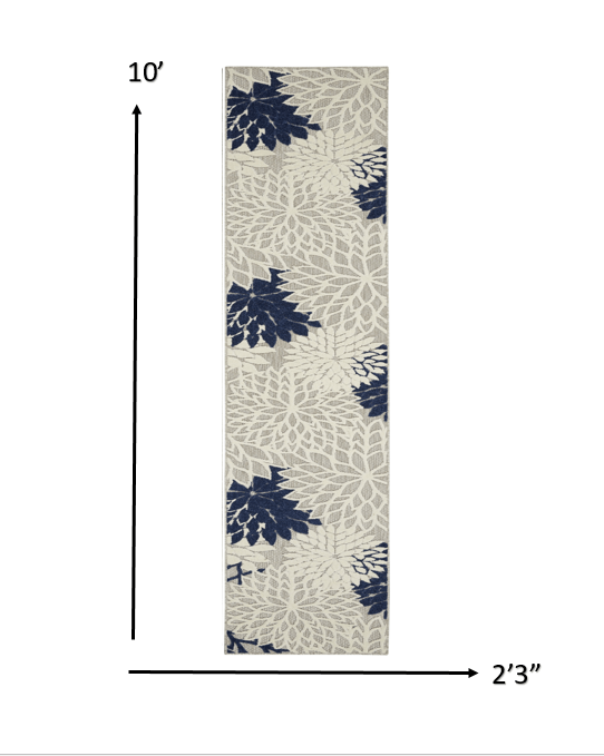 2' X 10' Ivory And Blue Floral Indoor Outdoor Area Rug - Homeroots