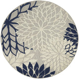 5' Round Ivory And Blue Round Floral Indoor Outdoor Area Rug