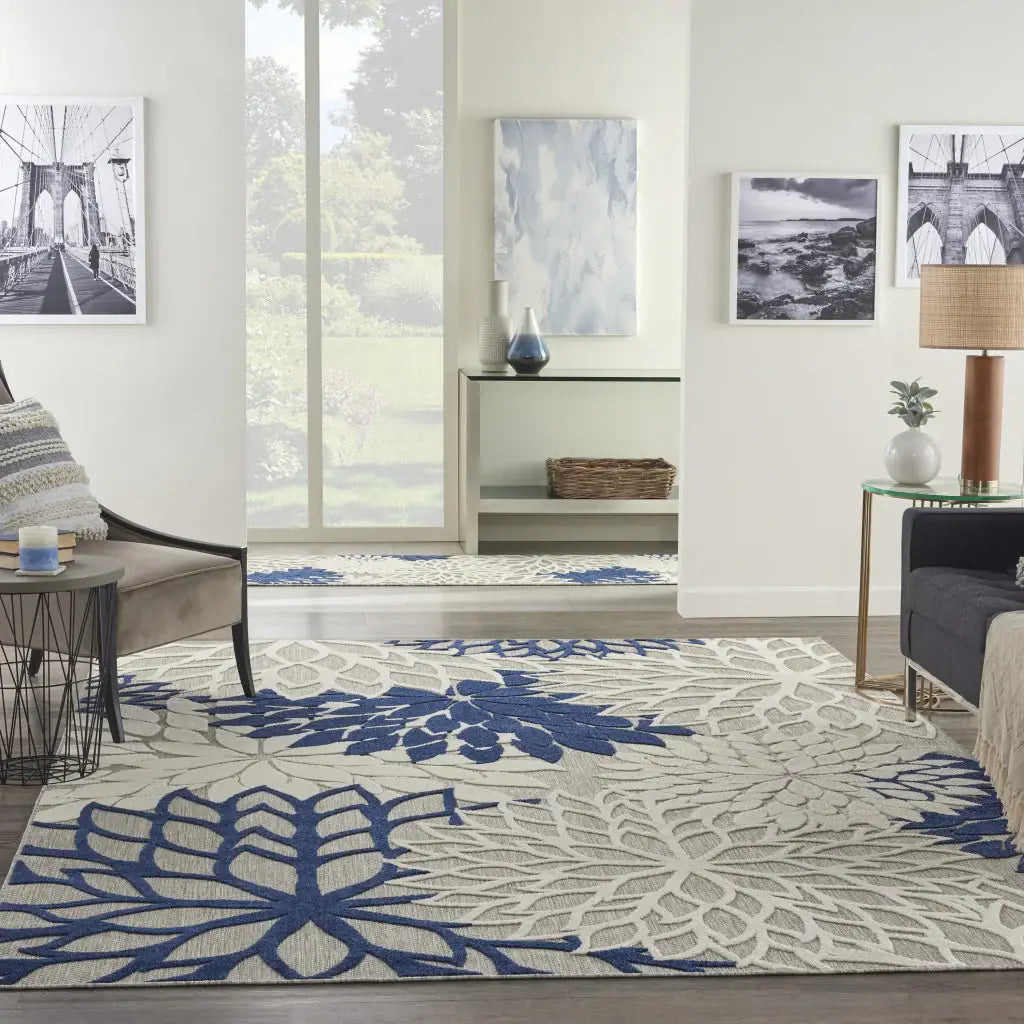 8' X 11' Ivory And Blue Floral Indoor Outdoor Area Rug - Homeroots - Flyclothing LLC