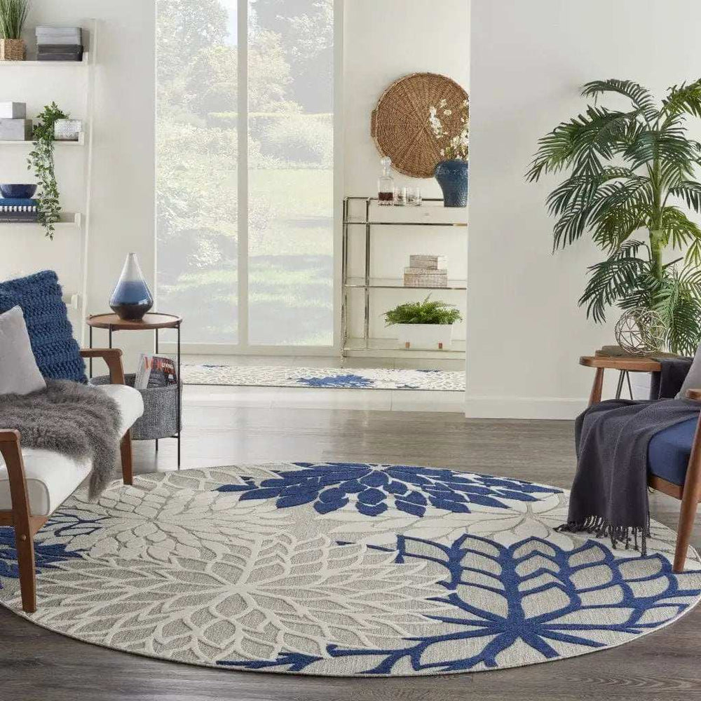 8' Round Ivory And Blue Round Floral Indoor Outdoor Area Rug - Homeroots - Flyclothing LLC