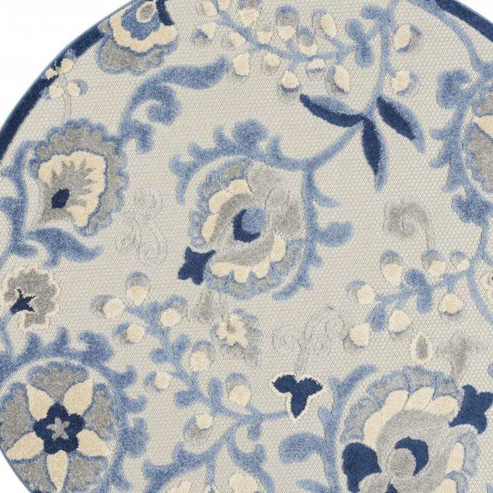 4' Round Blue And Gray Round Floral Indoor Outdoor Area Rug - Homeroots - Flyclothing LLC