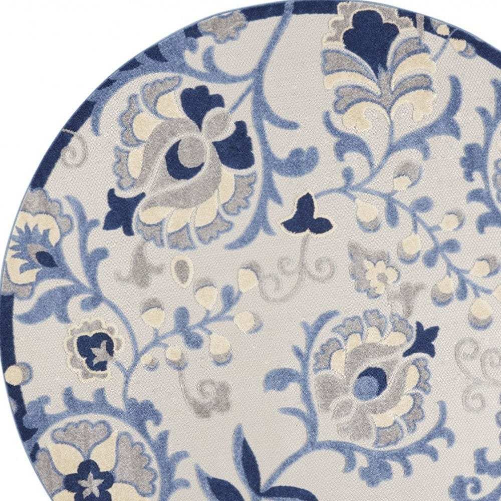 8' Round Blue And Gray Round Floral Indoor Outdoor Area Rug - Homeroots - Flyclothing LLC