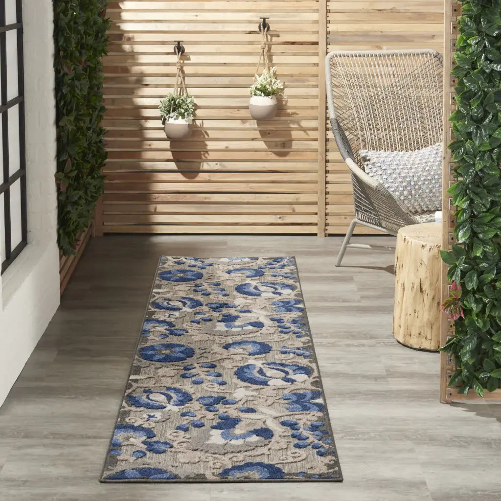 2' X 6' Blue And Gray Floral Indoor Outdoor Area Rug - Homeroots - Flyclothing LLC