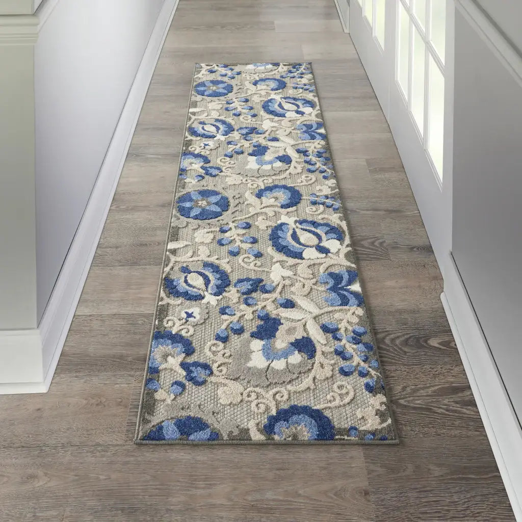 2' X 8' Blue And Gray Floral Indoor Outdoor Area Rug - Homeroots - Flyclothing LLC