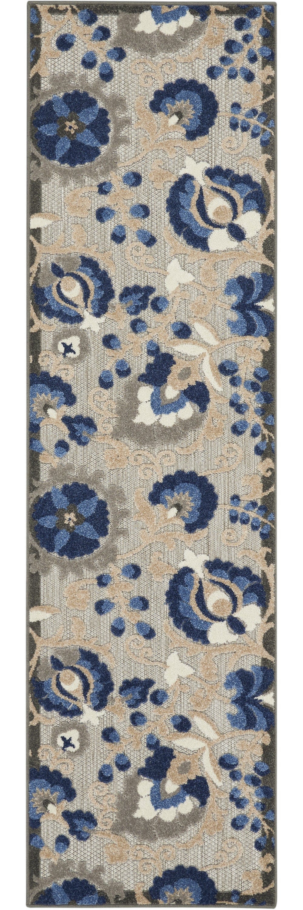 2' X 10' Blue And Gray Floral Indoor Outdoor Area Rug - Homeroots