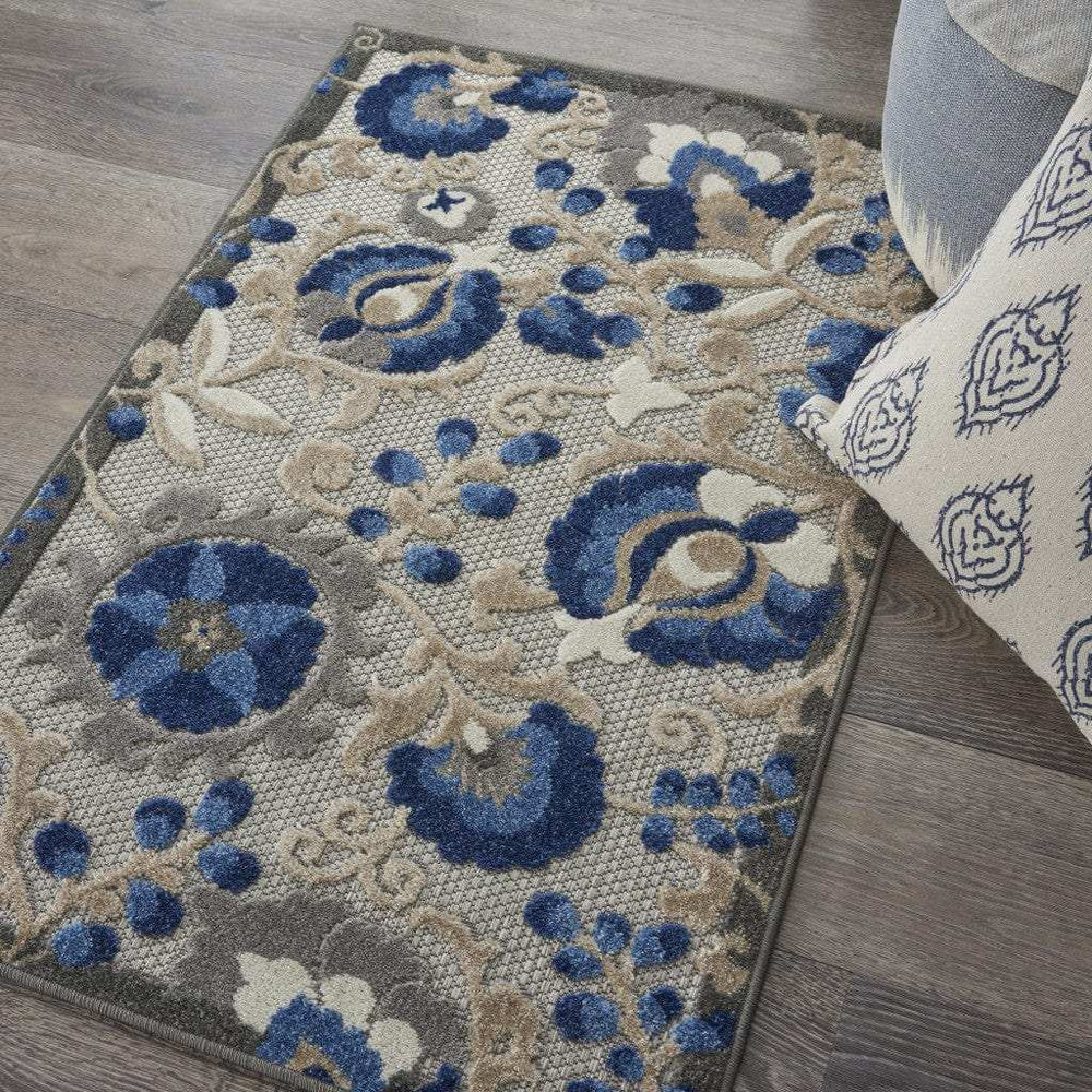 3' X 4' Blue And Gray Floral Indoor Outdoor Area Rug - Homeroots - Flyclothing LLC