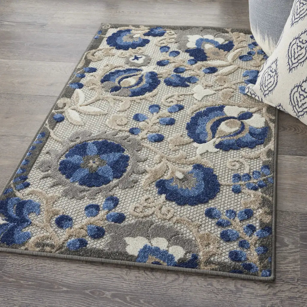 3' X 4' Blue And Gray Floral Indoor Outdoor Area Rug - Homeroots - Flyclothing LLC
