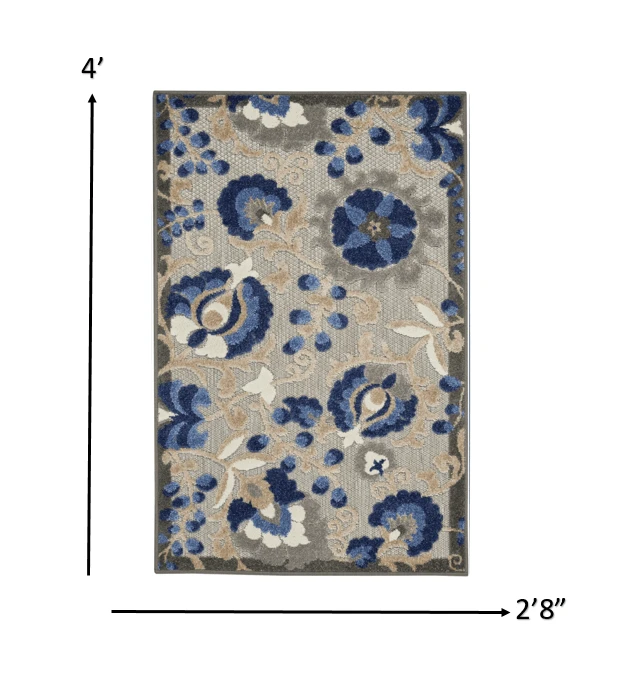 3' X 4' Blue And Gray Floral Indoor Outdoor Area Rug - Homeroots