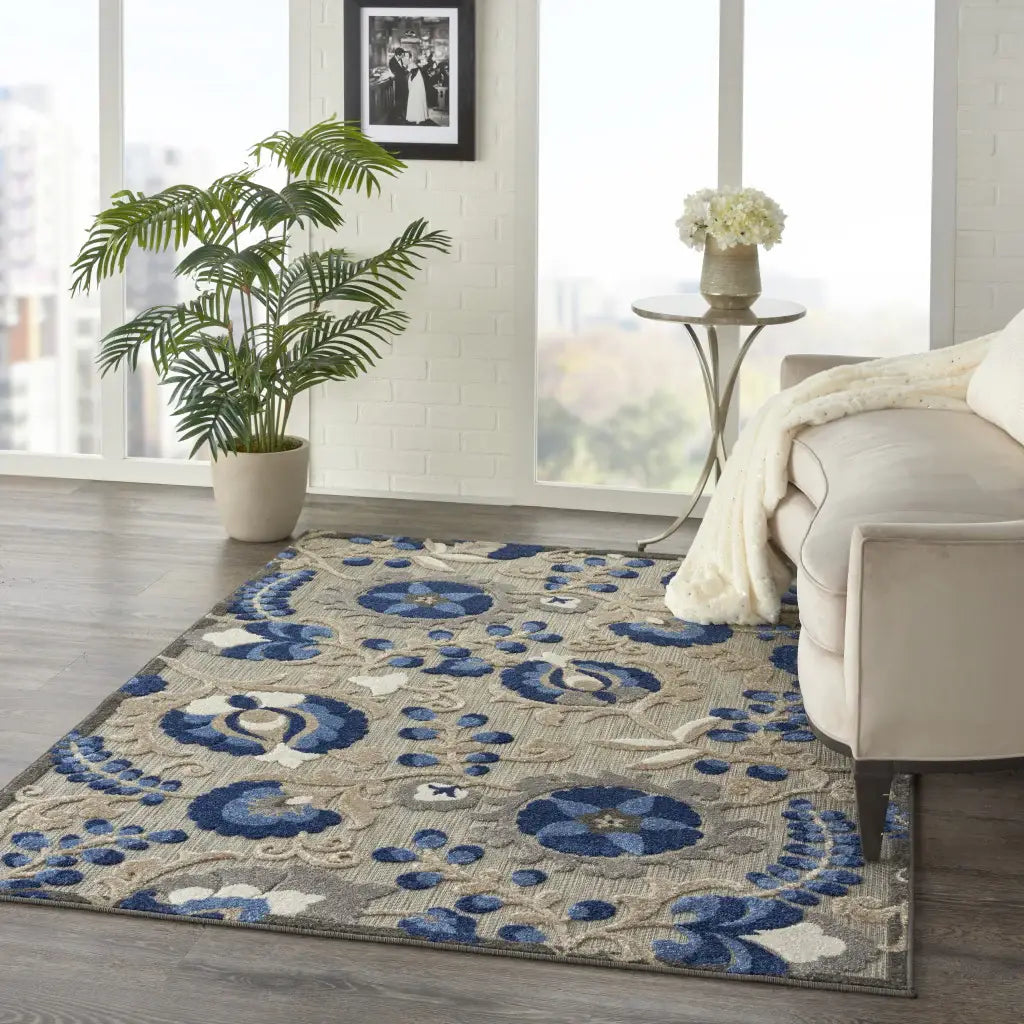 4' X 6' Blue And Gray Floral Indoor Outdoor Area Rug - Homeroots - Flyclothing LLC