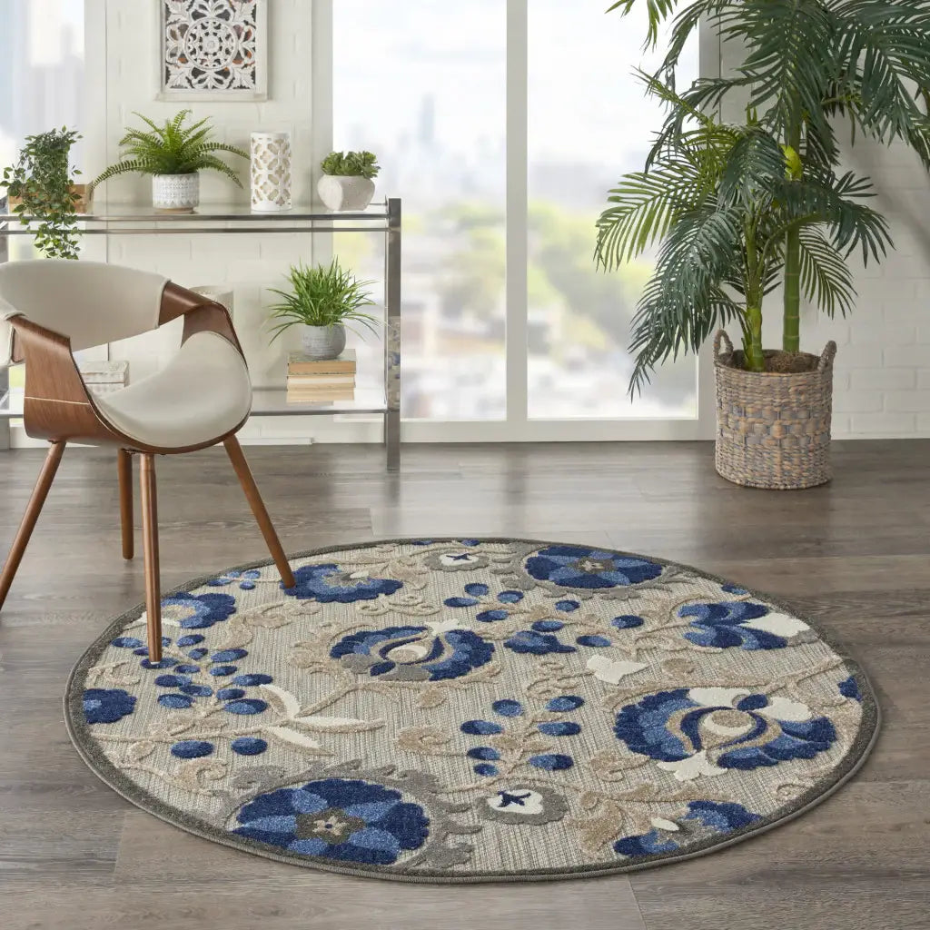 4' Round Blue And Gray Round Floral Indoor Outdoor Area Rug - Homeroots - Flyclothing LLC