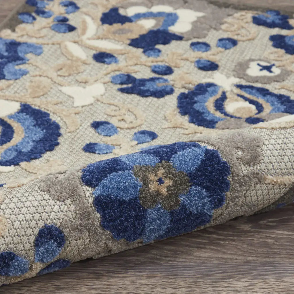 5' Round Blue And Gray Round Floral Indoor Outdoor Area Rug - Homeroots - Flyclothing LLC