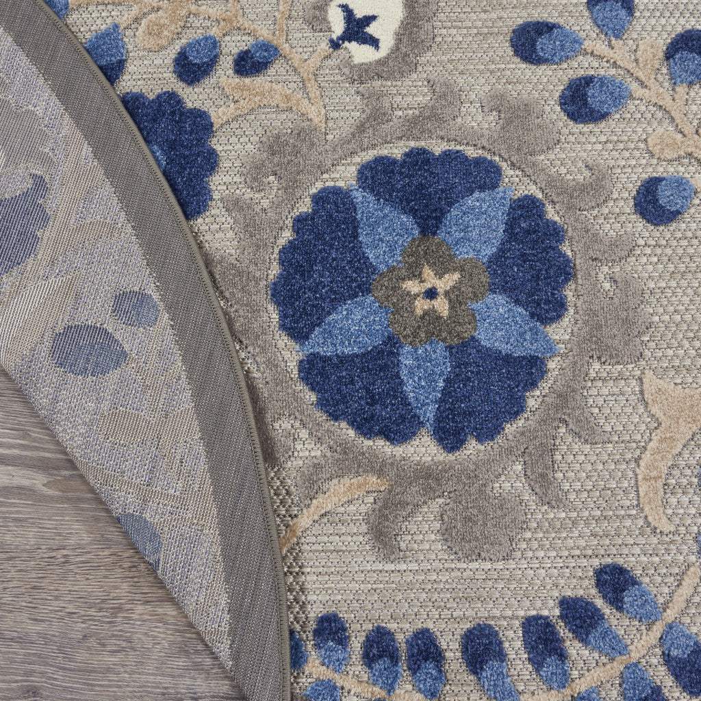 5' Round Blue And Gray Round Floral Indoor Outdoor Area Rug - Homeroots - Flyclothing LLC