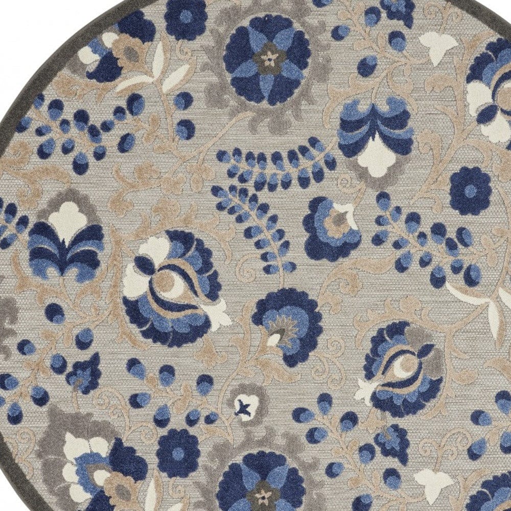 5' Round Blue And Gray Round Floral Indoor Outdoor Area Rug - Homeroots