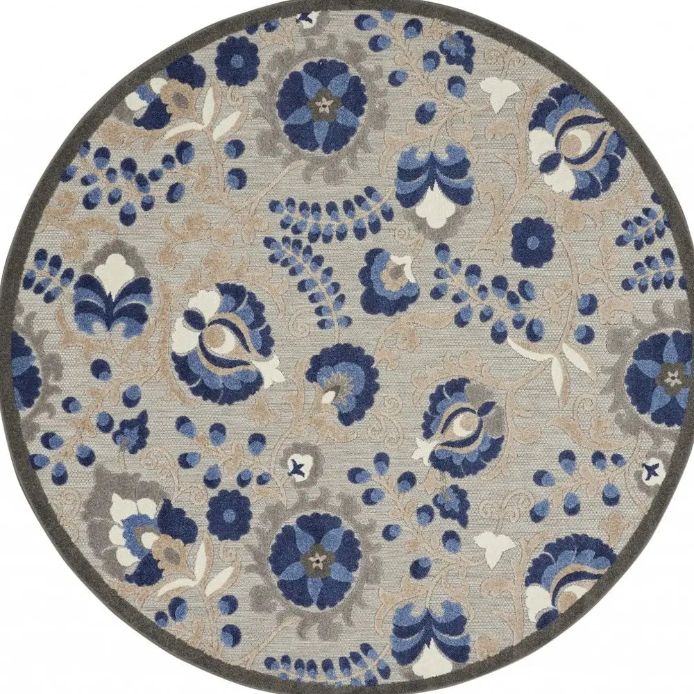 5' Round Blue And Gray Round Floral Indoor Outdoor Area Rug - Homeroots - Flyclothing LLC