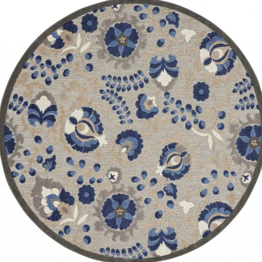 5' Round Blue And Gray Round Floral Indoor Outdoor Area Rug - Homeroots - Flyclothing LLC