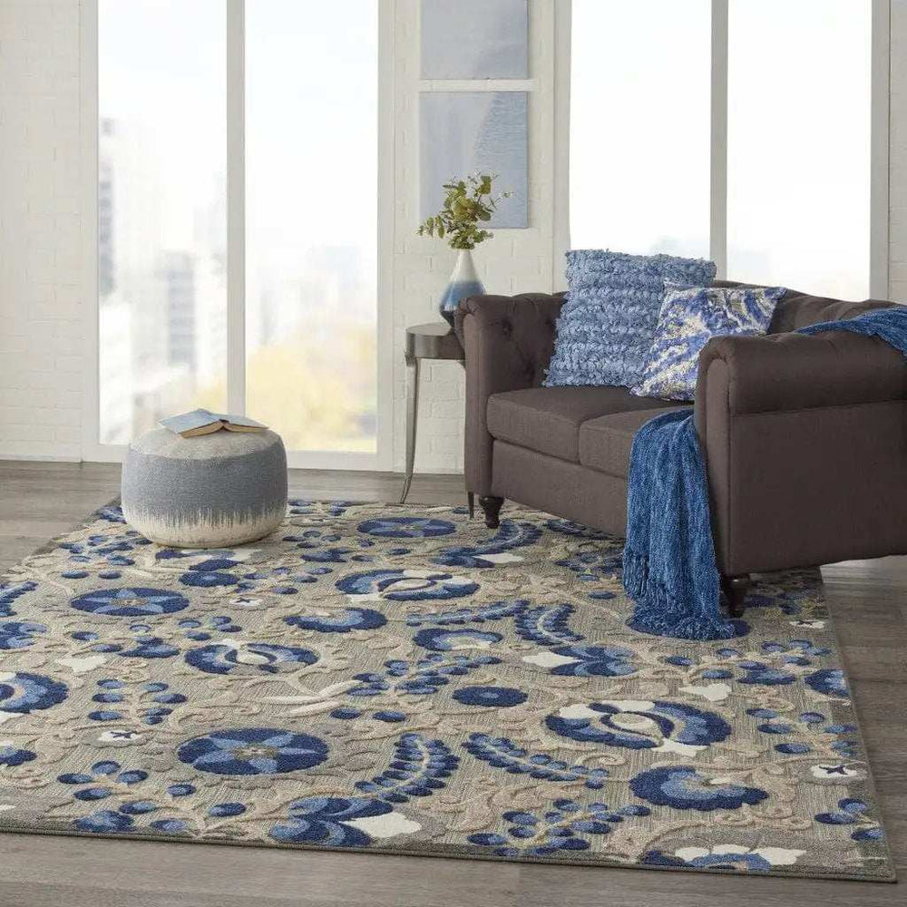 8' X 11' Blue And Gray Floral Indoor Outdoor Area Rug - Homeroots - Flyclothing LLC