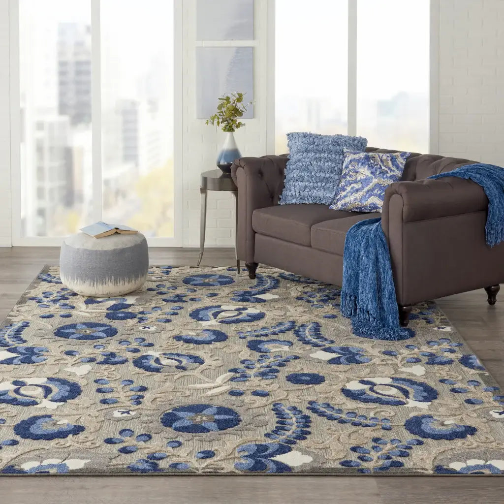 8' X 11' Blue And Gray Floral Indoor Outdoor Area Rug - Homeroots - Flyclothing LLC