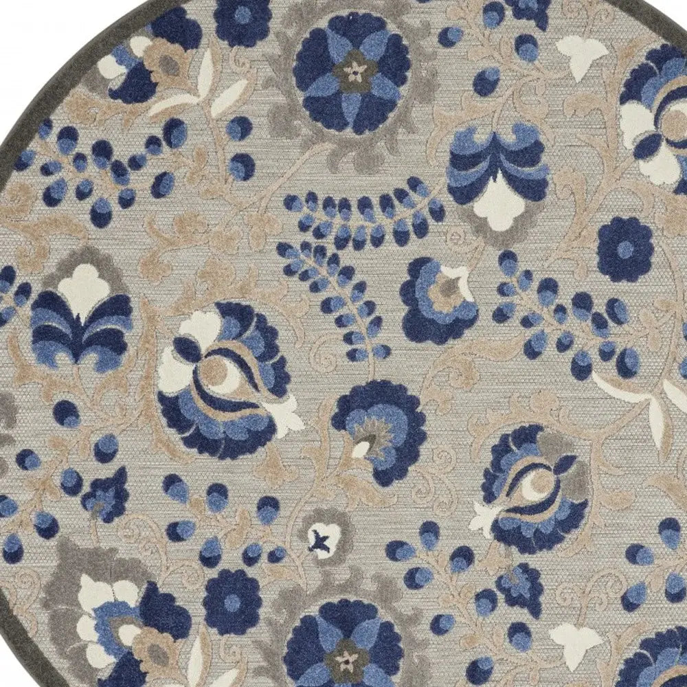 8' Round Blue And Gray Round Floral Indoor Outdoor Area Rug - Homeroots - Flyclothing LLC