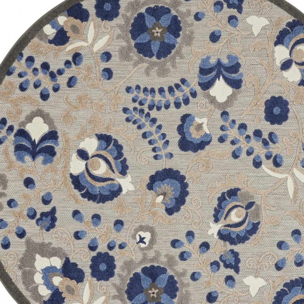 8' Round Blue And Gray Round Floral Indoor Outdoor Area Rug - Homeroots