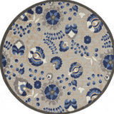 8' Round Blue And Gray Round Floral Indoor Outdoor Area Rug - Homeroots