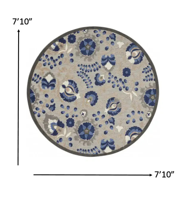 8' Round Blue And Gray Round Floral Indoor Outdoor Area Rug - Homeroots - Flyclothing LLC