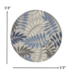 5' Round Blue And Gray Round Floral Indoor Outdoor Area Rug - Homeroots