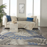 7' X 10' Blue And Gray Round Floral Stain Resistant Indoor Outdoor Area Rug - Homeroots