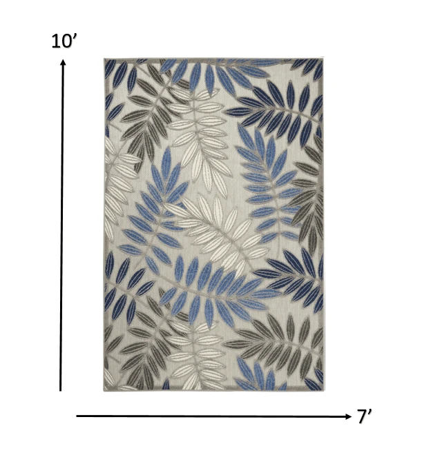 7' X 10' Blue And Gray Round Floral Stain Resistant Indoor Outdoor Area Rug - Homeroots