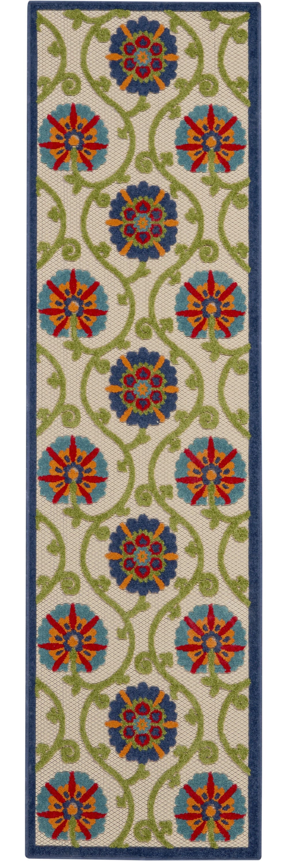 2' X 12' Blue Vines Indoor Outdoor Runner Rugg - Homeroots