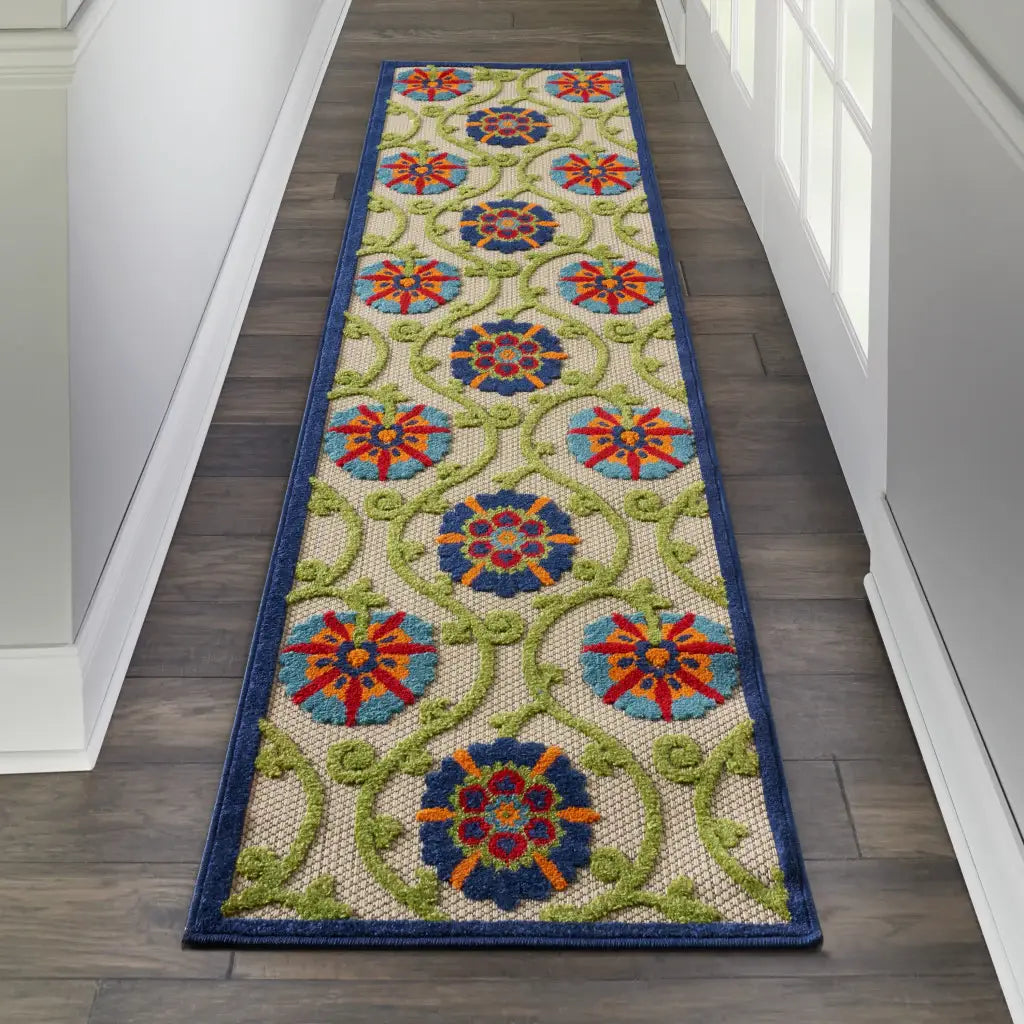 2' X 12' Blue Vines Indoor Outdoor Runner Rugg - Homeroots - Flyclothing LLC