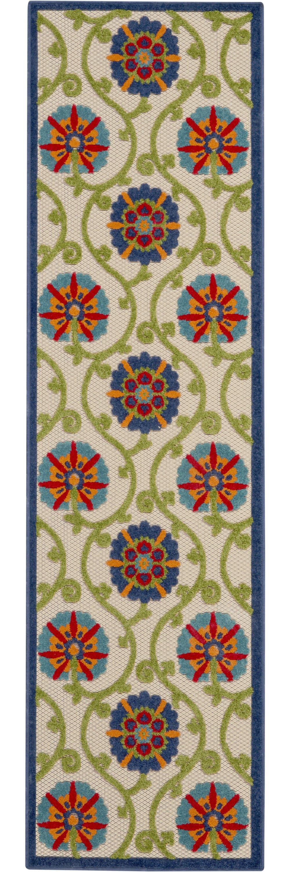 2' X 6' Ivory And Blue Floral Indoor Outdoor Area Rug - Homeroots
