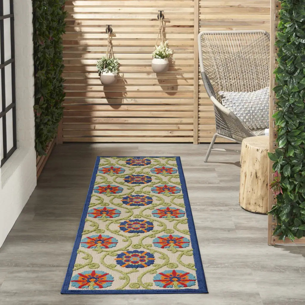 2' X 6' Ivory And Blue Floral Indoor Outdoor Area Rug - Homeroots - Flyclothing LLC